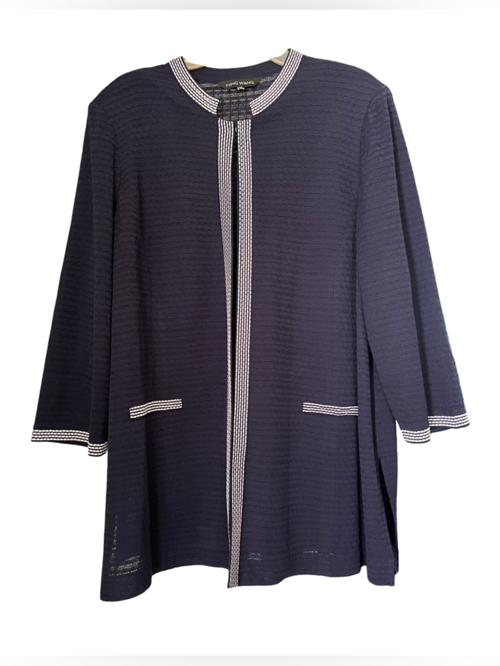 Ming Wang Navy Blue White Open Textured Cardigan Jacket Topper Size 2X